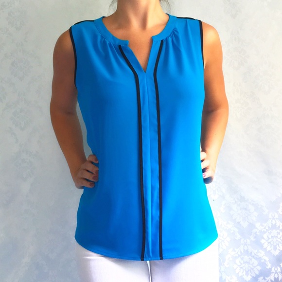 NWT Calvin Klein Blue Piped Sleeveless Blouse - Picture 3 of 8
